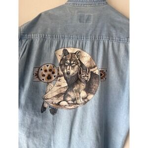 Hot House Vintage 80s Denim Wolf Paw Print Aztec Native Button Up Shirt Men's M